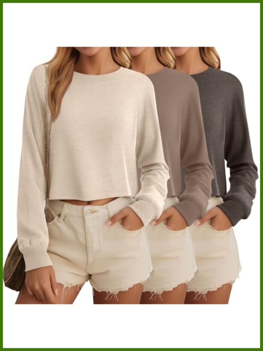 Long Sleeve Cropped Tops 95% Cotton Stretch Drop Shoulder Tee 3 Pack